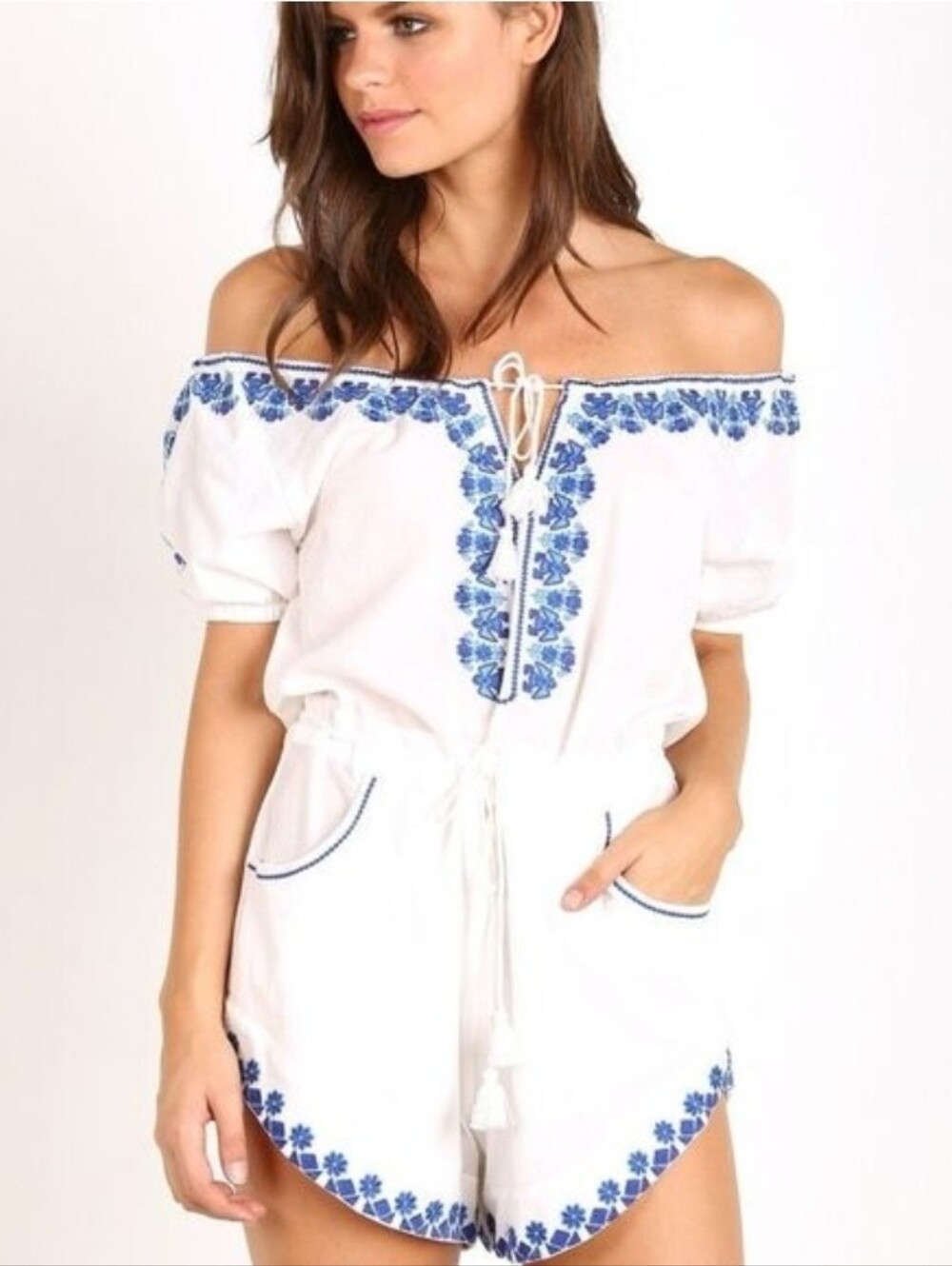 Spell White Off-Shoulder Santorini Romper with Blue Embroidered Trim